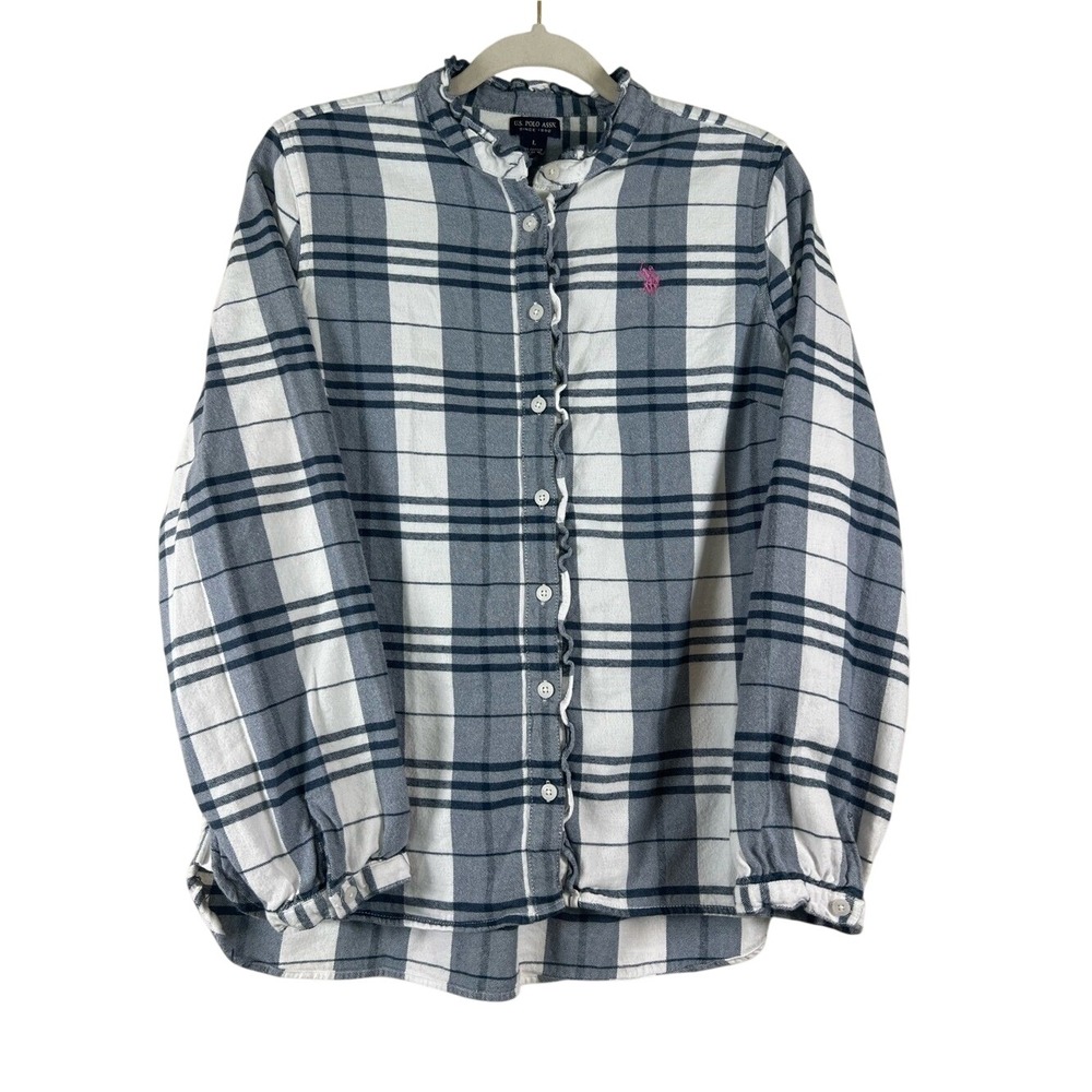 US Polo Assn Ruffle Plaid Button Down Shirt L Gray White Long Sleeve Rayon Blend